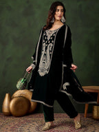 Sangria Floral Embroidered Straight Kurta & Trousers With Dupatta | Grocsy