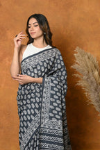 Very Much Indian Handblock Printed Cotton Saree With Natural Dyes - Black White | Grocsy