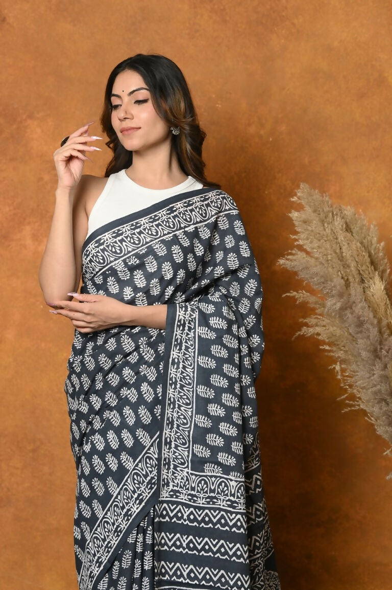 Very Much Indian Handblock Printed Cotton Saree With Natural Dyes - Black White | Grocsy