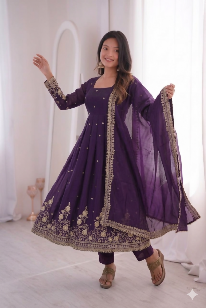 Teeya Creation Womens New Latest Trendy Elegant Dark Blue Embroidered Anarkali Suit Set with Scalloped Dupatta | Grocsy