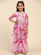 Alakhi Studio Girls Floral Georgette Printed V-Neck Kurta With Sharara - Pink | Grocsy