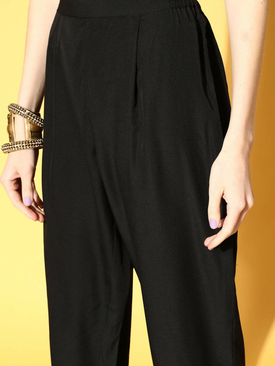 Ahalyaa Women Black Colour Georgette Gold Foil Printed Kurta Pant Set | Grocsy