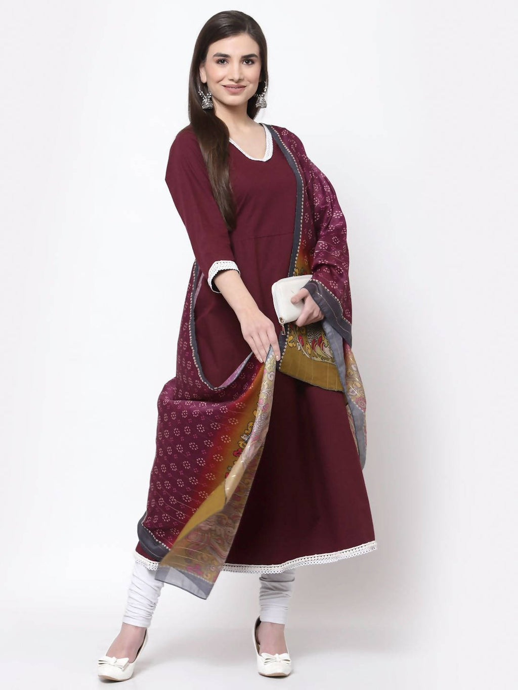 Myshka Burgandy Printed Cotton Full Sleeve V Neck Casual Kurta Dupatta Set | Grocsy