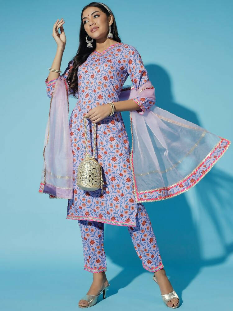 Myshka Women Lavender Printed Kurta & Trousers With Dupatta | Grocsy
