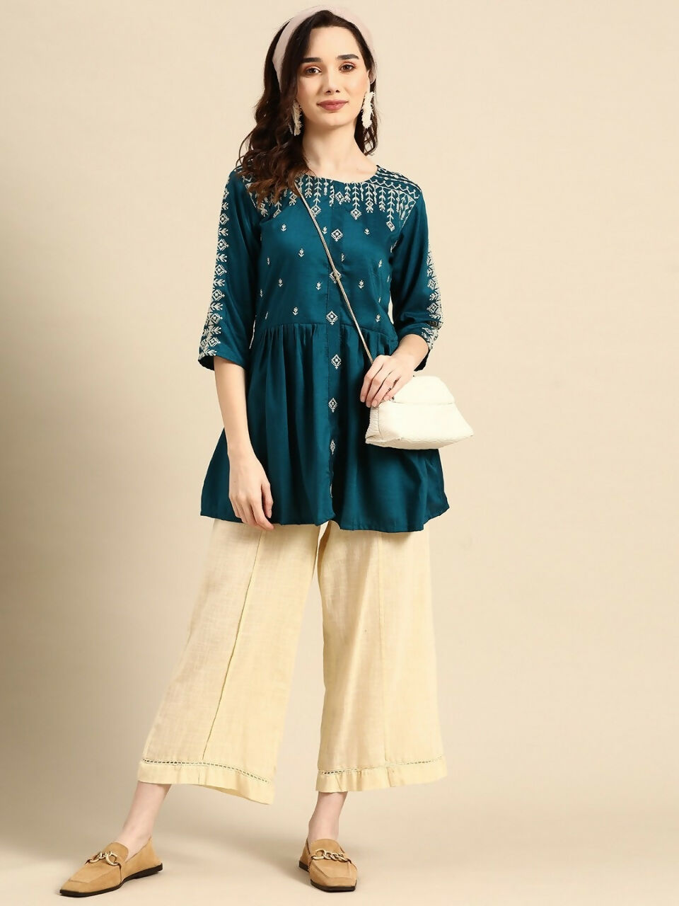 Women's Teal Viscose blend Embroidered Short Top - Marina | Grocsy