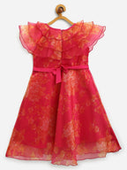 Ahalyaa Pink Organza Digital Print Kids Dress Kurta For Girls | Grocsy