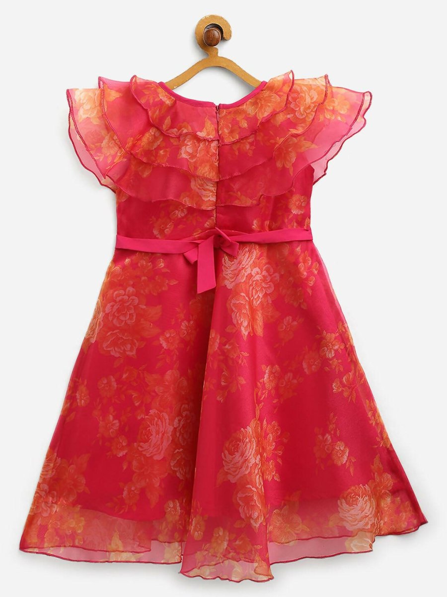Ahalyaa Pink Organza Digital Print Kids Dress Kurta For Girls | Grocsy