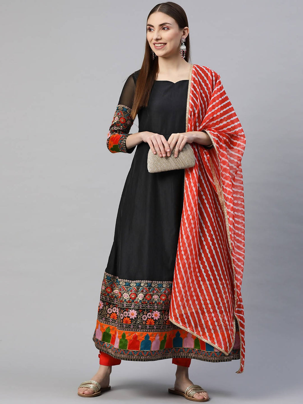 Myshka Multicolor Solid 3/4 Sleeve Sweetheart Neck Anarkali Gown With Dupatta | Grocsy