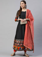 Myshka Multicolor Solid 3/4 Sleeve Sweetheart Neck Anarkali Gown With Dupatta | Grocsy