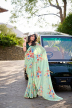 Vastranavya Pista Weightless Marble Printed & Pearl Lace Border Saree with Unstitched Blouse | Grocsy