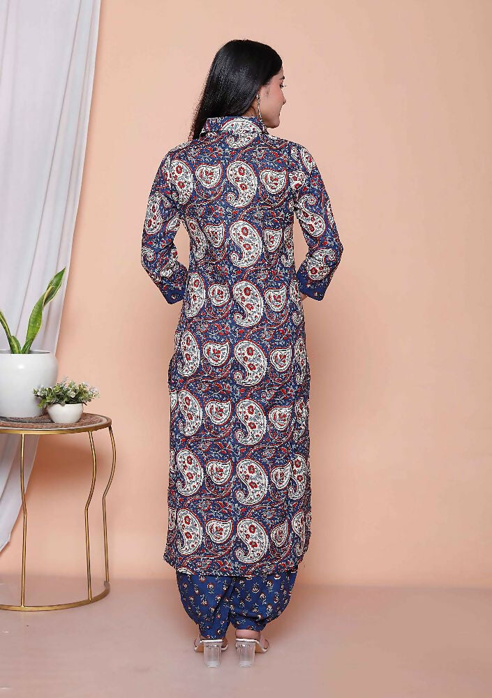 Miravan Womens Cotton Floral Printed Shirt-Collar Straight Kurta And Palazzo Set | Grocsy