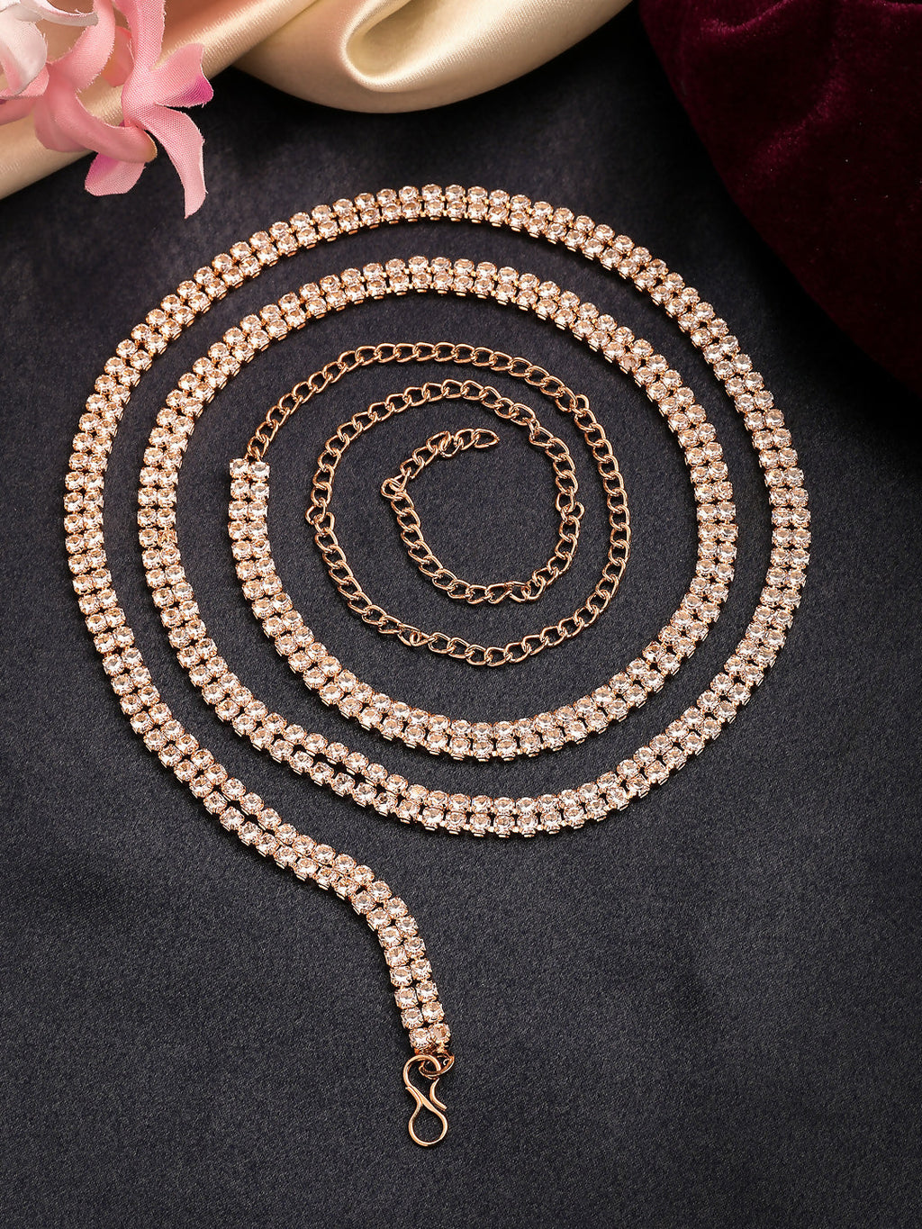 NVR Women's Rose Gold-Polished AD-Studded Double Layered Kamarbandh Waist Chain | Grocsy