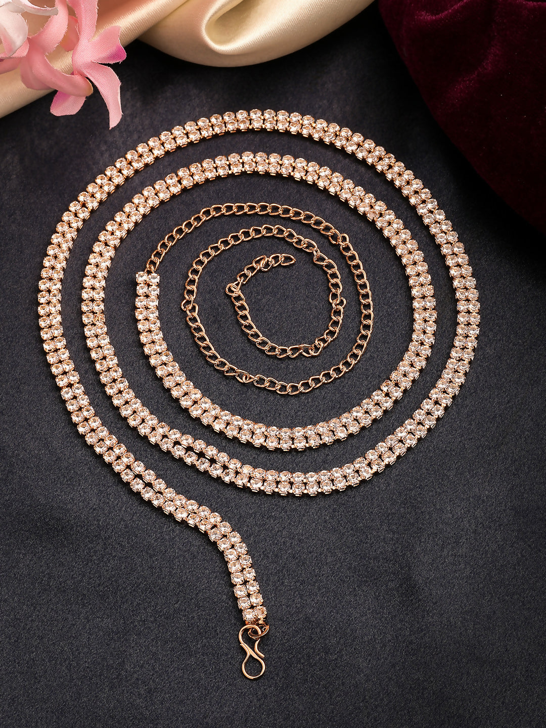 NVR Women's Rose Gold-Polished AD-Studded Double Layered Kamarbandh Waist Chain | Grocsy