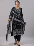 Juniper Women Black Rayon Staple Kalamkari Printed Kurta, Pants and Dupatta Set | Grocsy