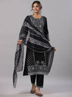 Juniper Women Black Rayon Staple Kalamkari Printed Kurta, Pants and Dupatta Set | Grocsy