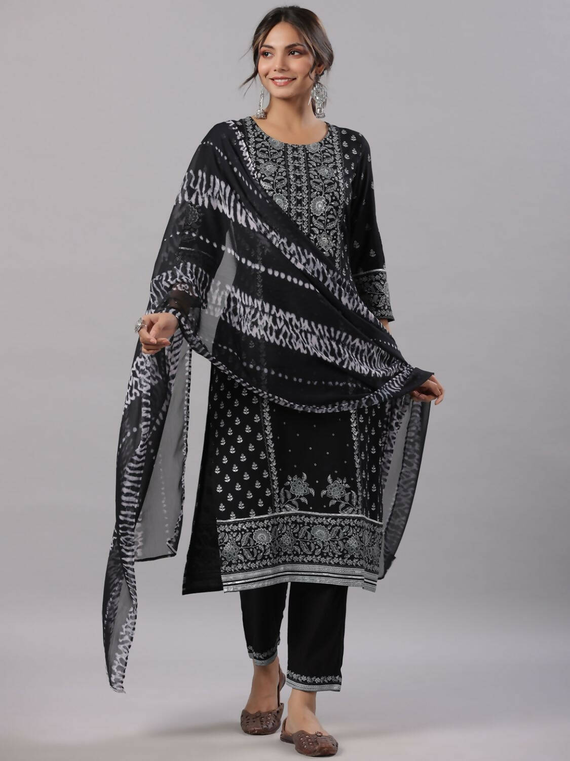 Juniper Women Black Rayon Staple Kalamkari Printed Kurta, Pants and Dupatta Set | Grocsy