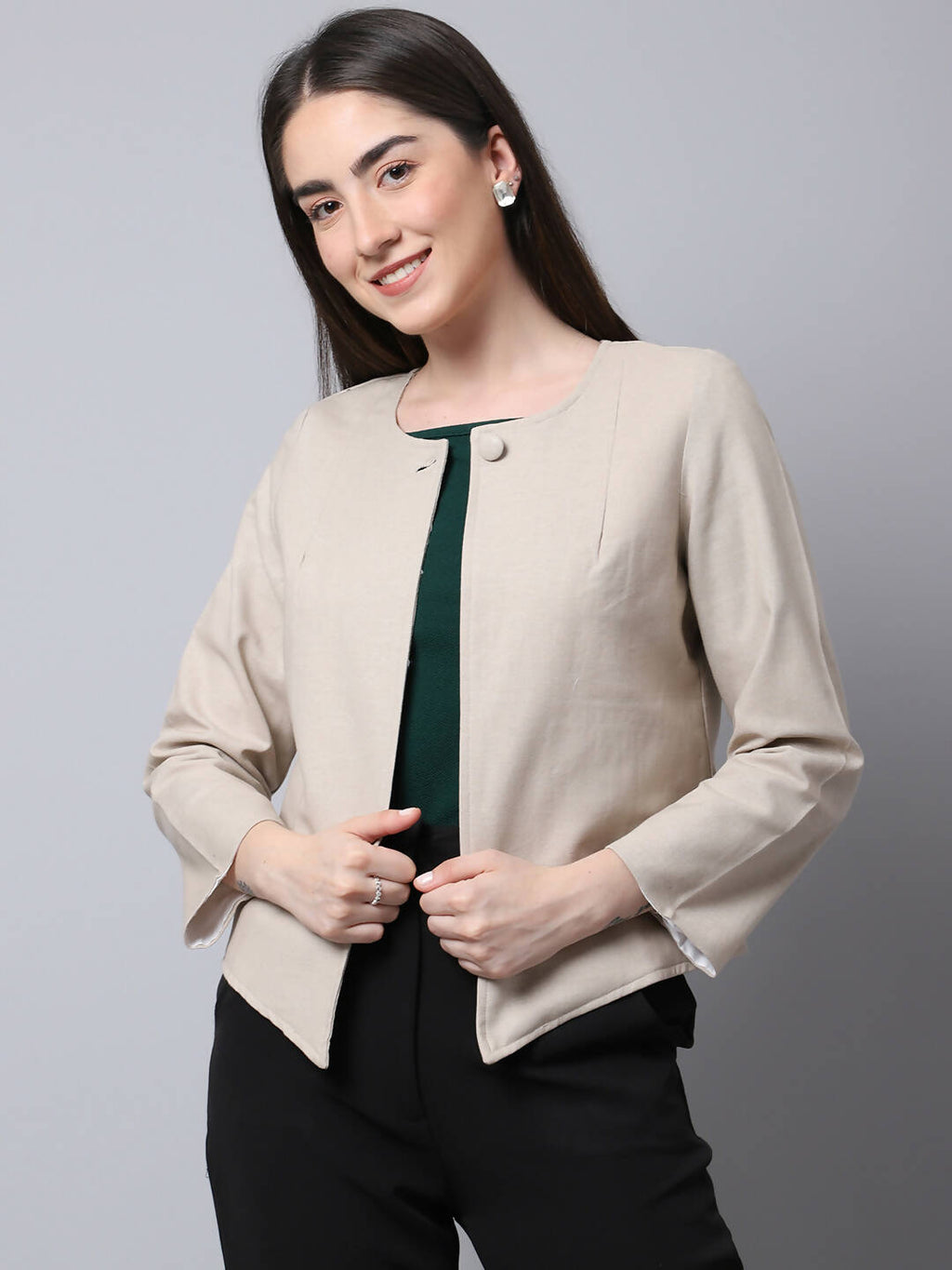 Even Apparels Cream Linen Cotton Open Front Statement Women's Jacket | Grocsy