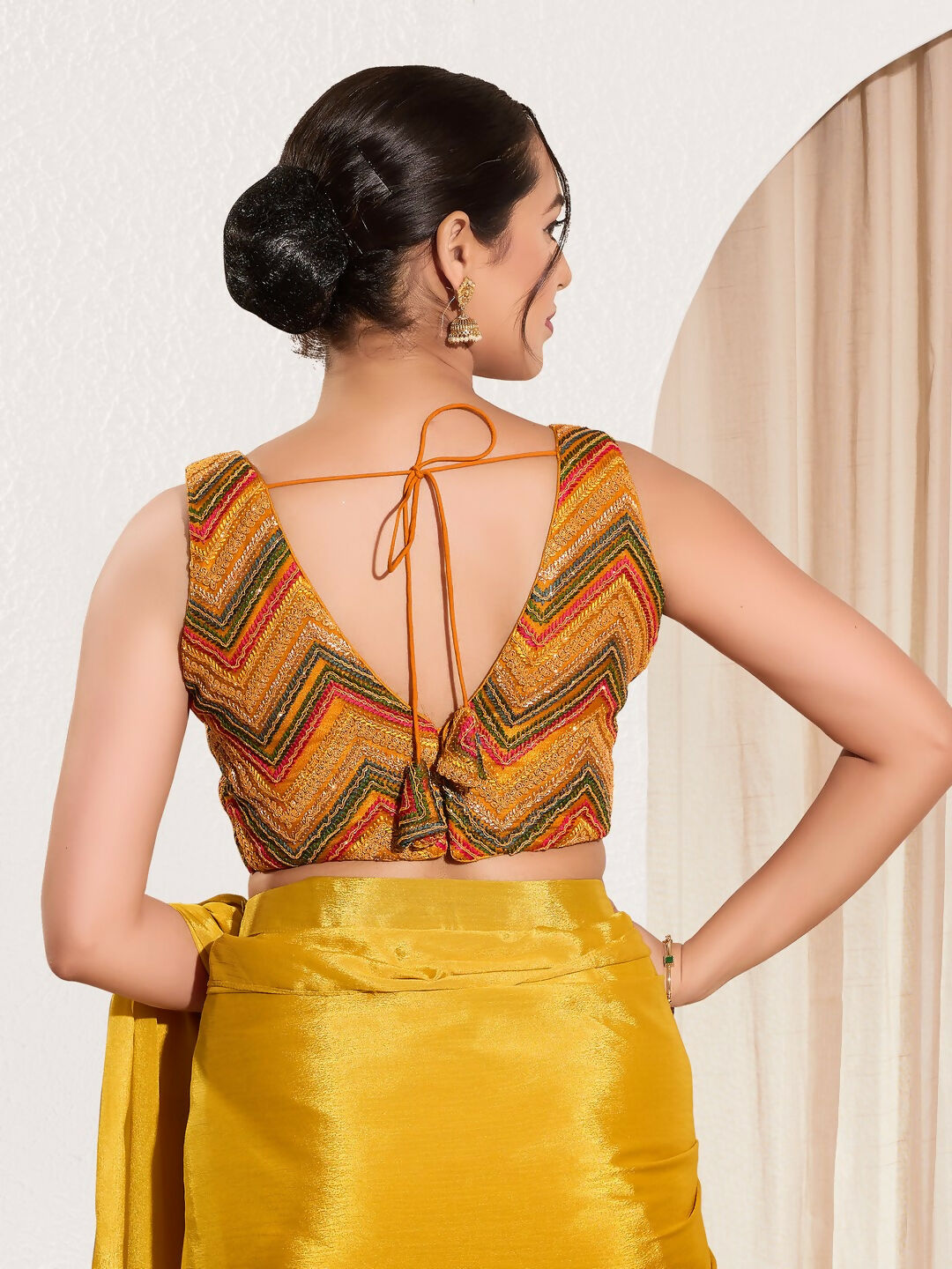 Joban Fashion Mustard Net Padded Blouse With V Neck Sleeveless | Grocsy