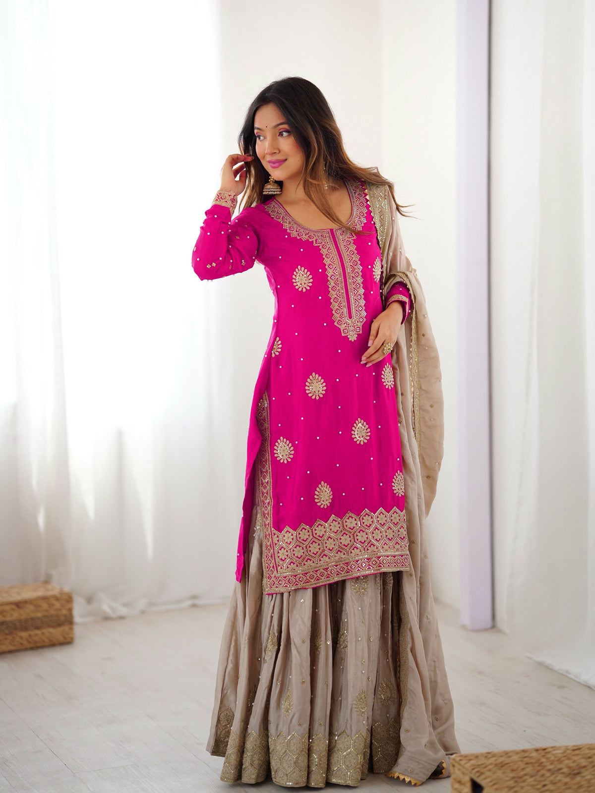 Lehenga Mart Designer Sharara Suit With Kurta, Sharara, Dupatta For Women-Pink | Grocsy