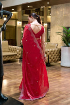 Vastranavya Red Embroidery Work Shimmer Chiffon Saree with Unstitched Blouse | Grocsy