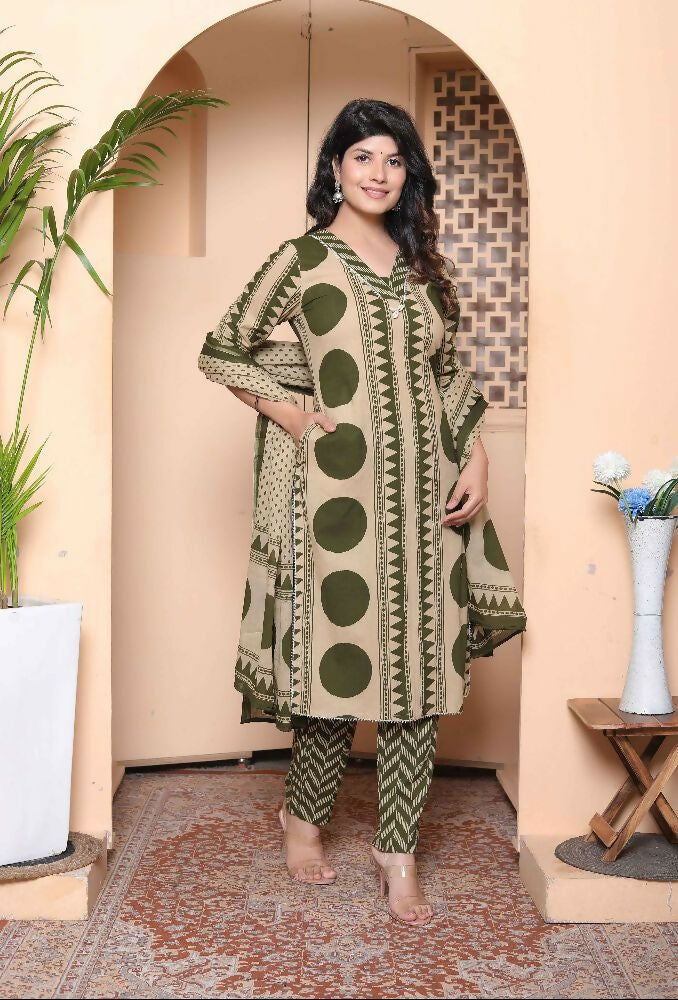 Miravan Womens Polka Dot Printed V-Neck Kurta With Palazzo And Dupatta Set | Grocsy