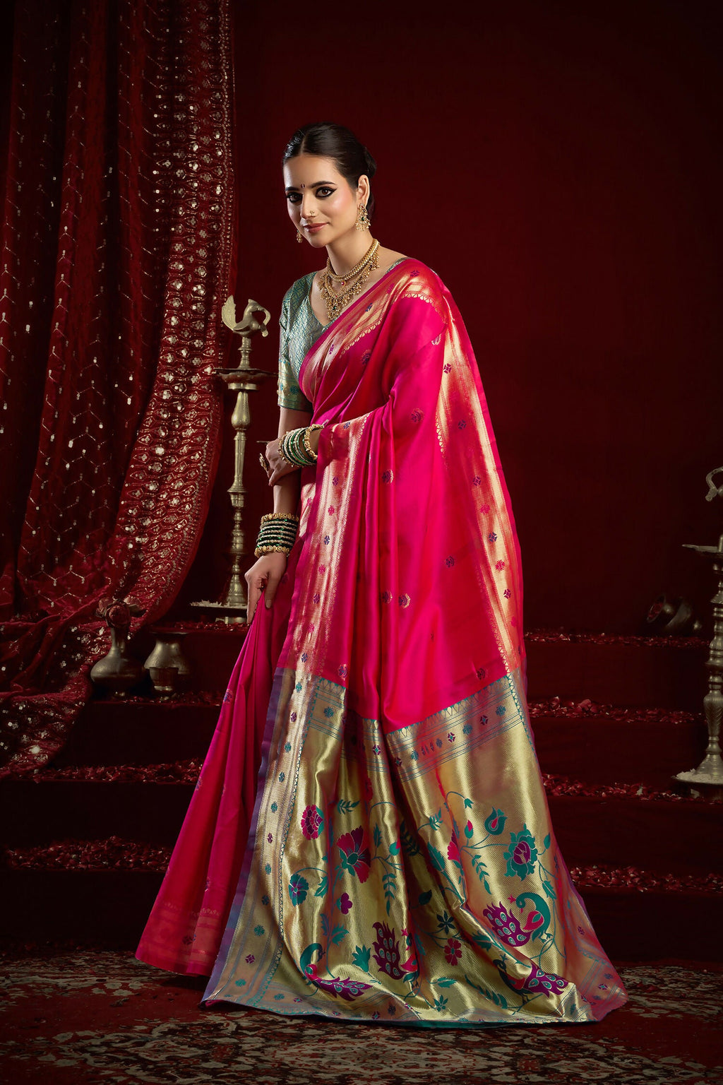 Joban Fashion Pink Paithani Silk Blend Butti Saree | Grocsy