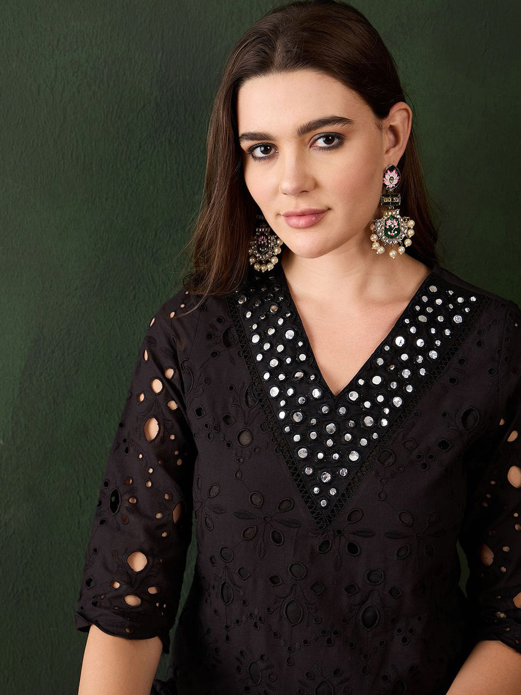 Sangria Embroidered Regular Mirror Work Pure Cotton Kurti With Trousers | Grocsy