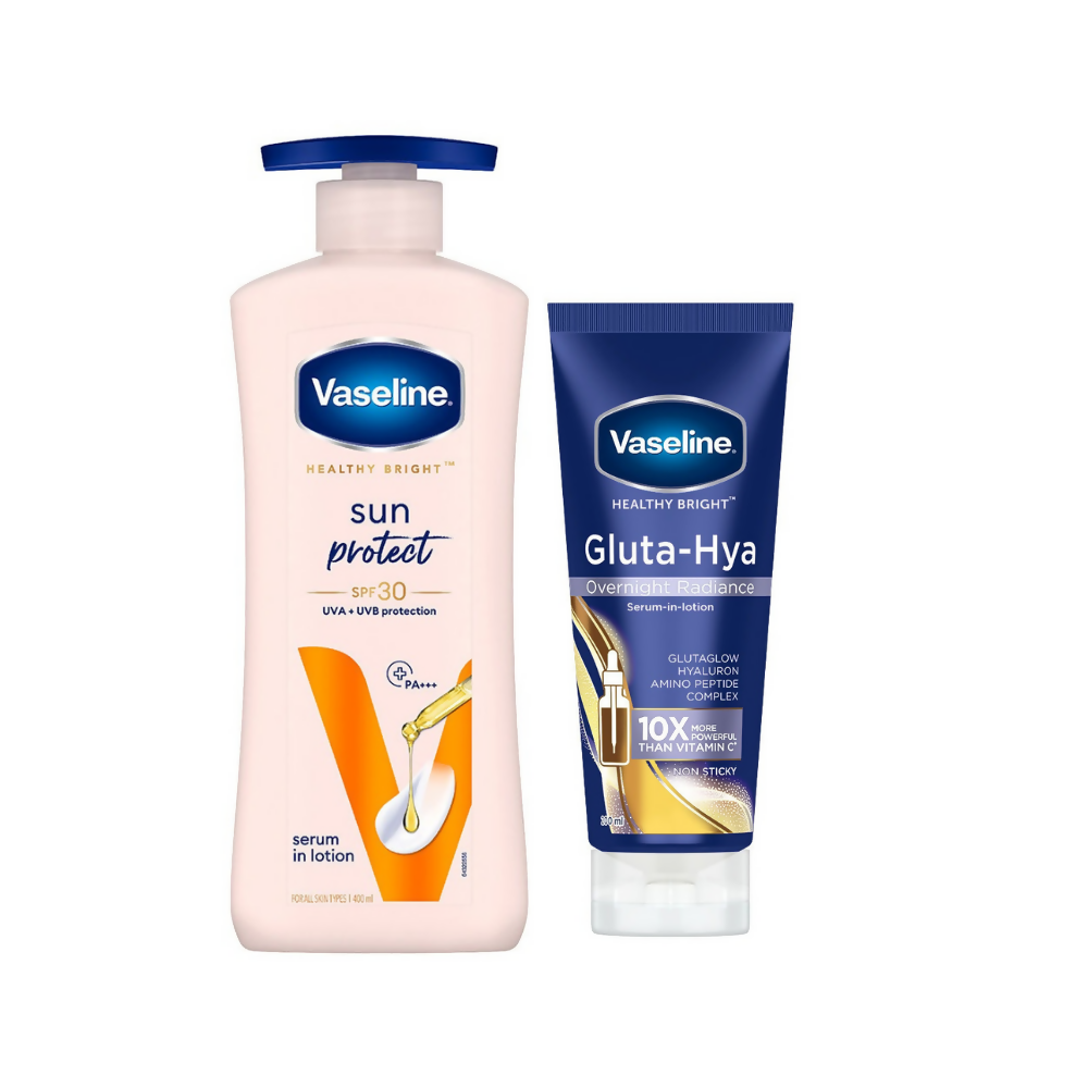 Vaseline Sun Protect SPF 30 Body Lotion & Gluta-Hya Overnight Radiance Serum-In-Lotion Combo | Grocsy