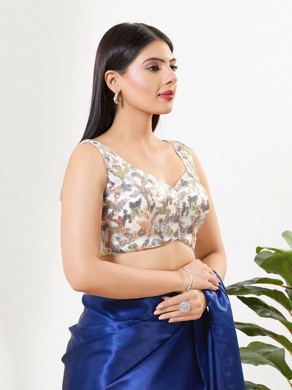 Joban Fashion White Silk Padded Blouse With Sweetheart Neck Sleeveless | Grocsy