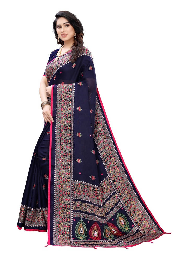Vamika Blue Jute Silk Mirror Work Saree | Grocsy