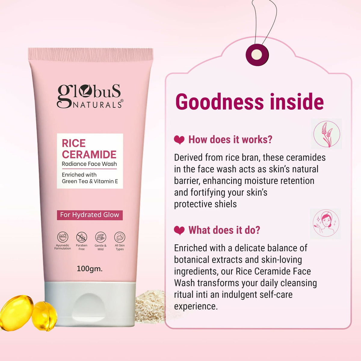 Globus Naturals Rice Ceramide Face Wash For Hydrated Glow, Enriched with Green Tea & Vitamin E | Grocsy