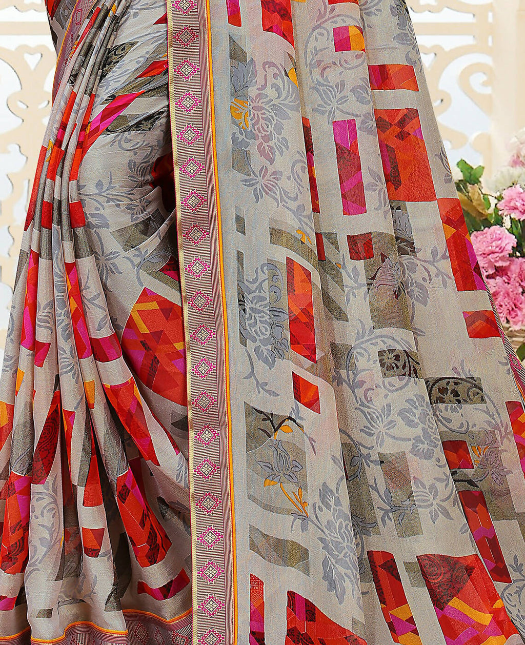 Grey Chiffon Brasso Printed Saree With Unstitched Blouse Piece - Jyoti | Grocsy