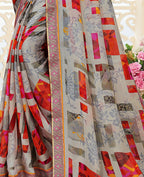 Grey Chiffon Brasso Printed Saree With Unstitched Blouse Piece - Jyoti | Grocsy
