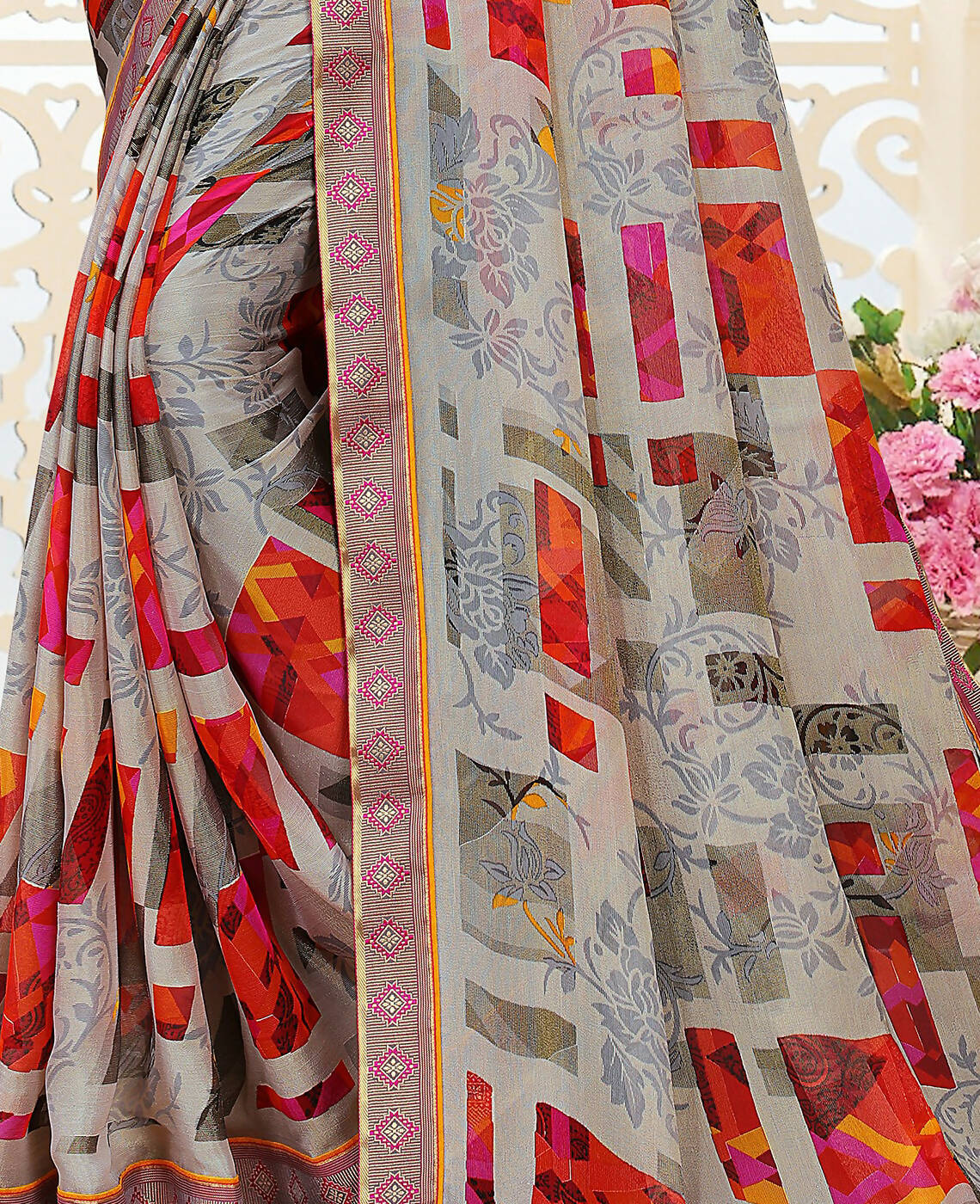 Grey Chiffon Brasso Printed Saree With Unstitched Blouse Piece - Jyoti | Grocsy