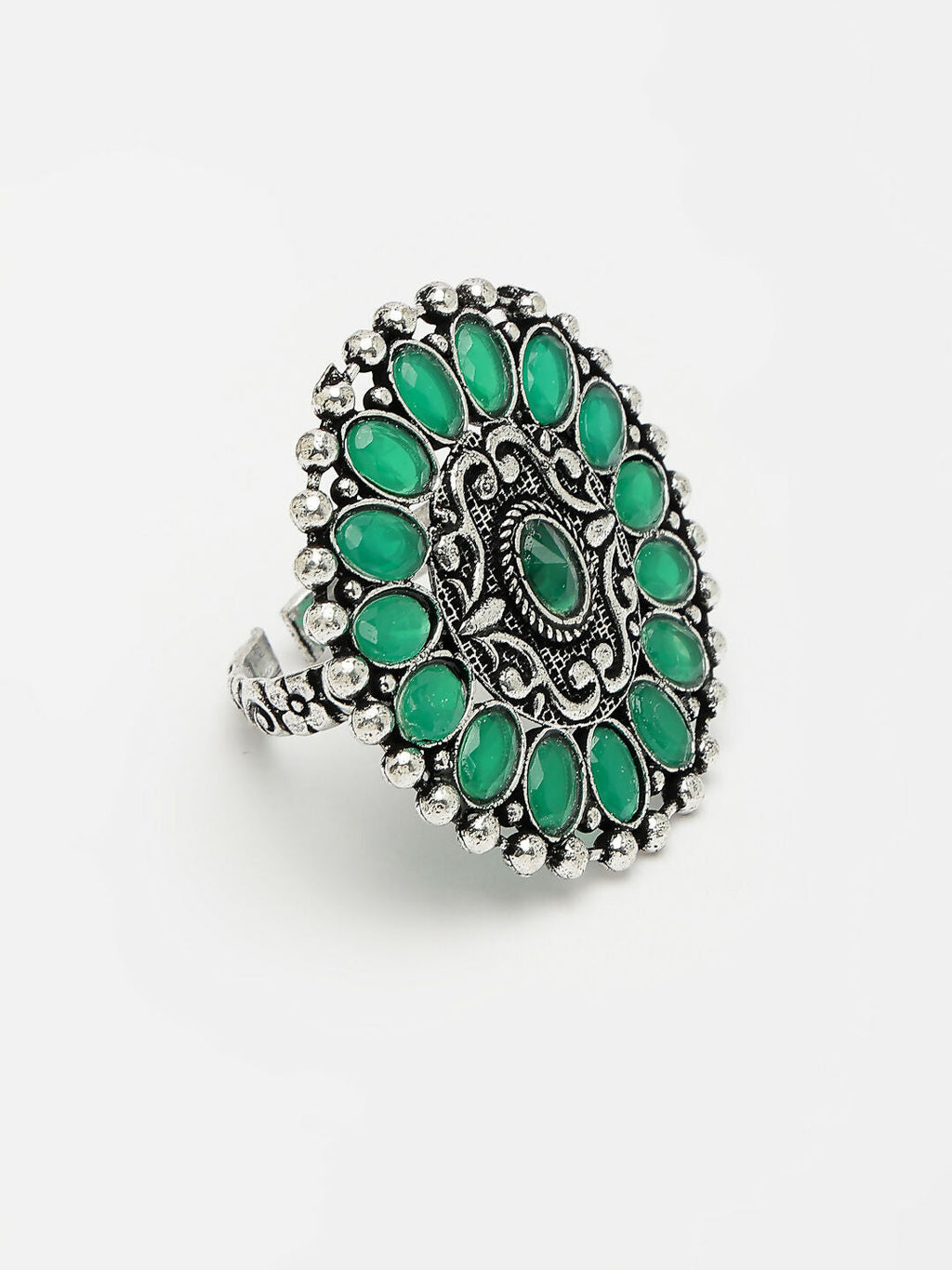 NVR Women's Green Silver-Plated Circular Shape Adjustable Finger Ring | Grocsy