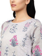 Ahalyaa Women Grey Chanderi Silk Printed Kurta Pant Set | Grocsy