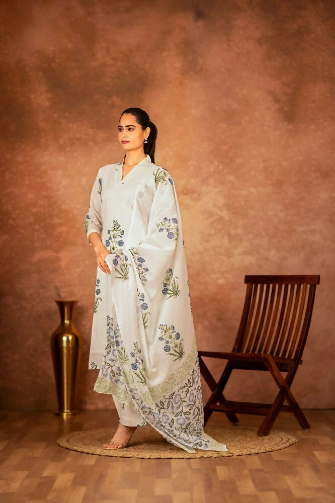 Joban Fashion Off White Blue Hand Block Printed Cotton Suit Set | Grocsy