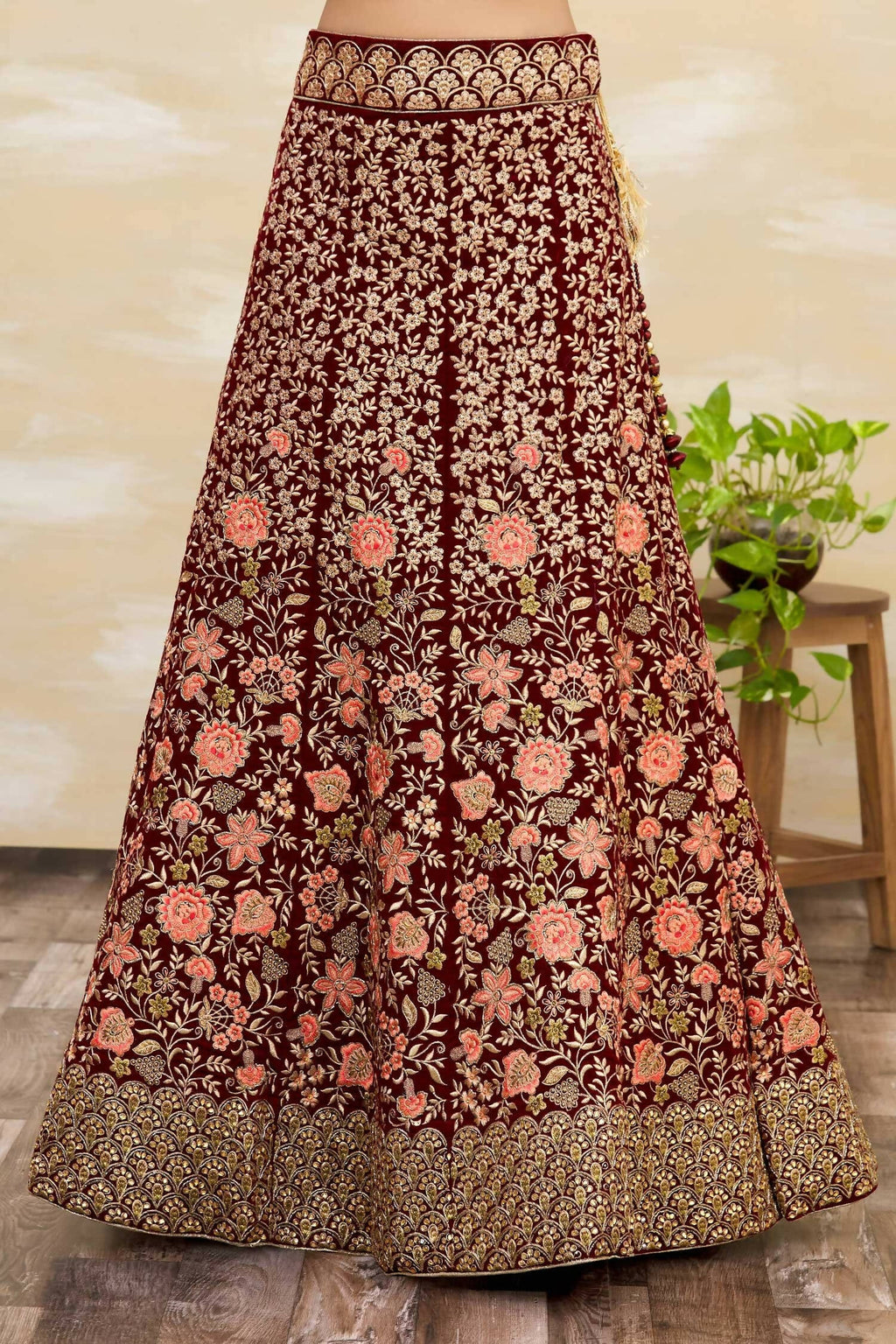 Maroon Velvet Semi-Stitched Wedding Bridal Lehenga - Nimaya | Grocsy