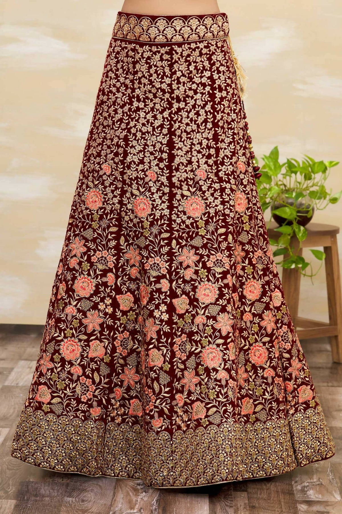 Maroon Velvet Semi-Stitched Wedding Bridal Lehenga - Nimaya | Grocsy