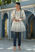Juniper Women's White & Black Cambric Floral Printed Tunic | Grocsy