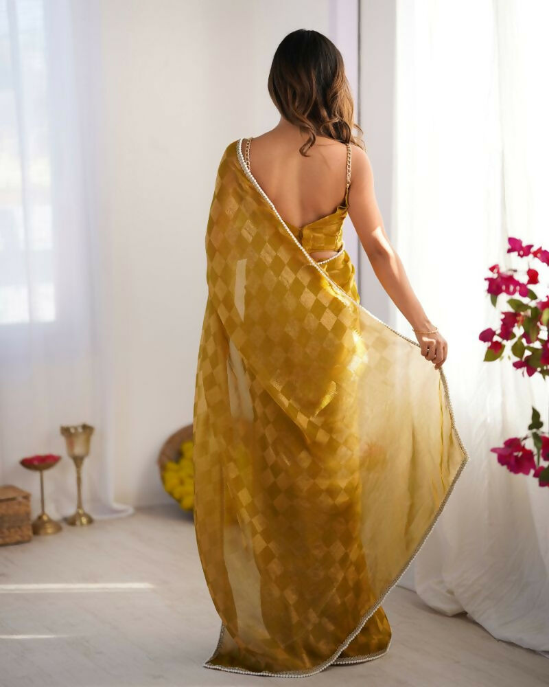 NC Chiffon Chex Wevon Chex Designer, Lace Party Wear Saree - Mustard | Grocsy
