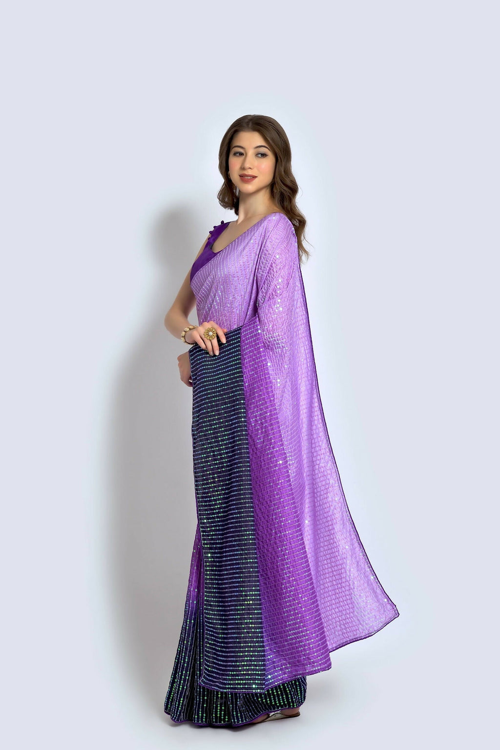 Vegaa Fashion Lavender Vichitra Silk Embroidered Party Wear Saree | Grocsy