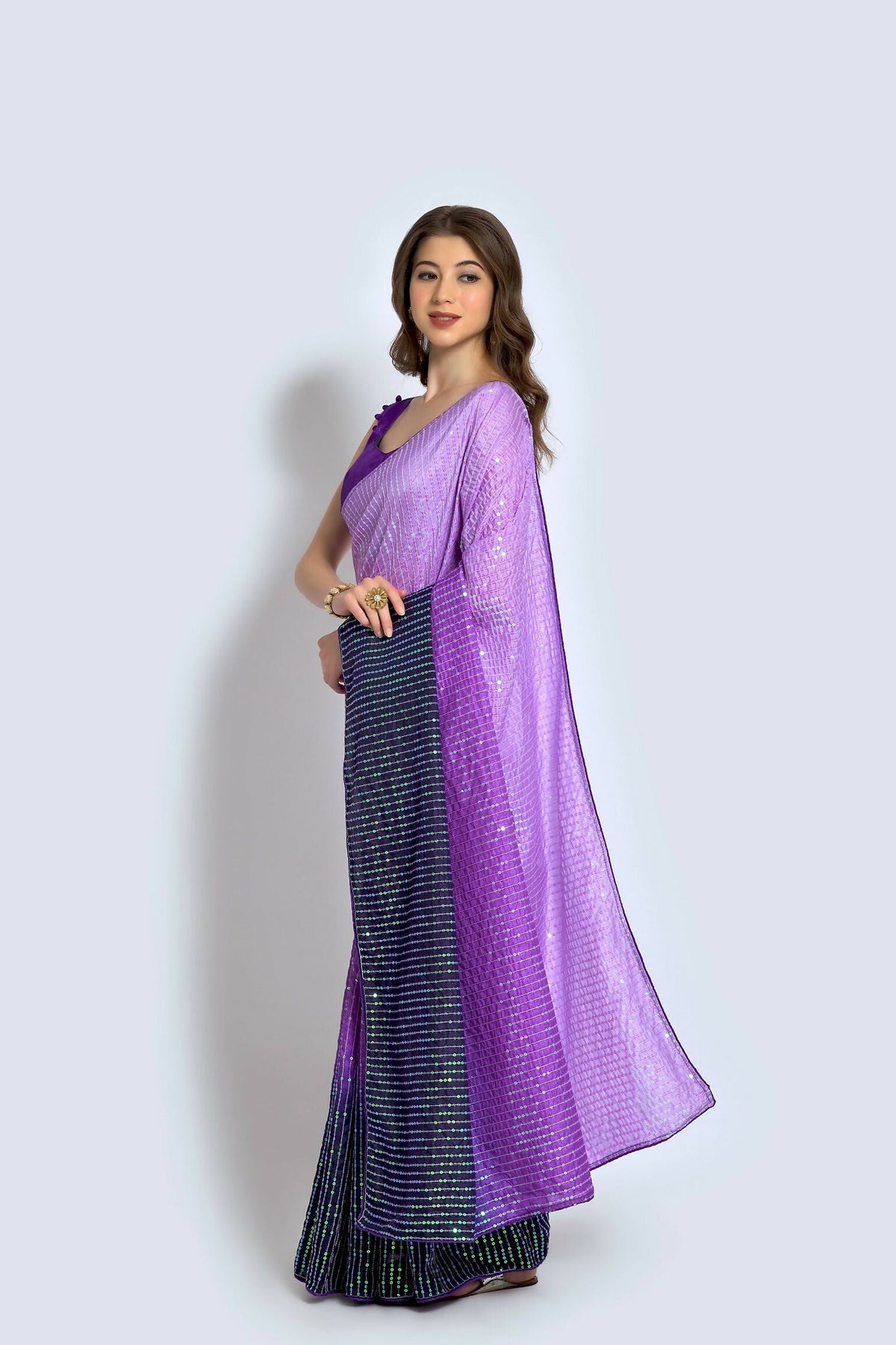 Vegaa Fashion Lavender Vichitra Silk Embroidered Party Wear Saree | Grocsy