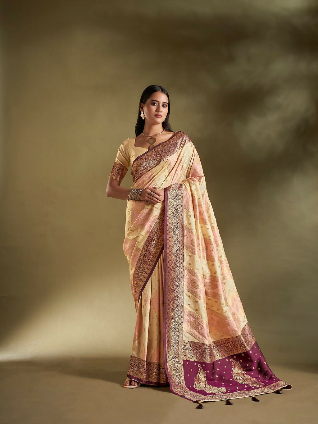 Joban Fashion Cream & Light Pink Plain With Weaving Border Banarasi Silk Sarees | Grocsy