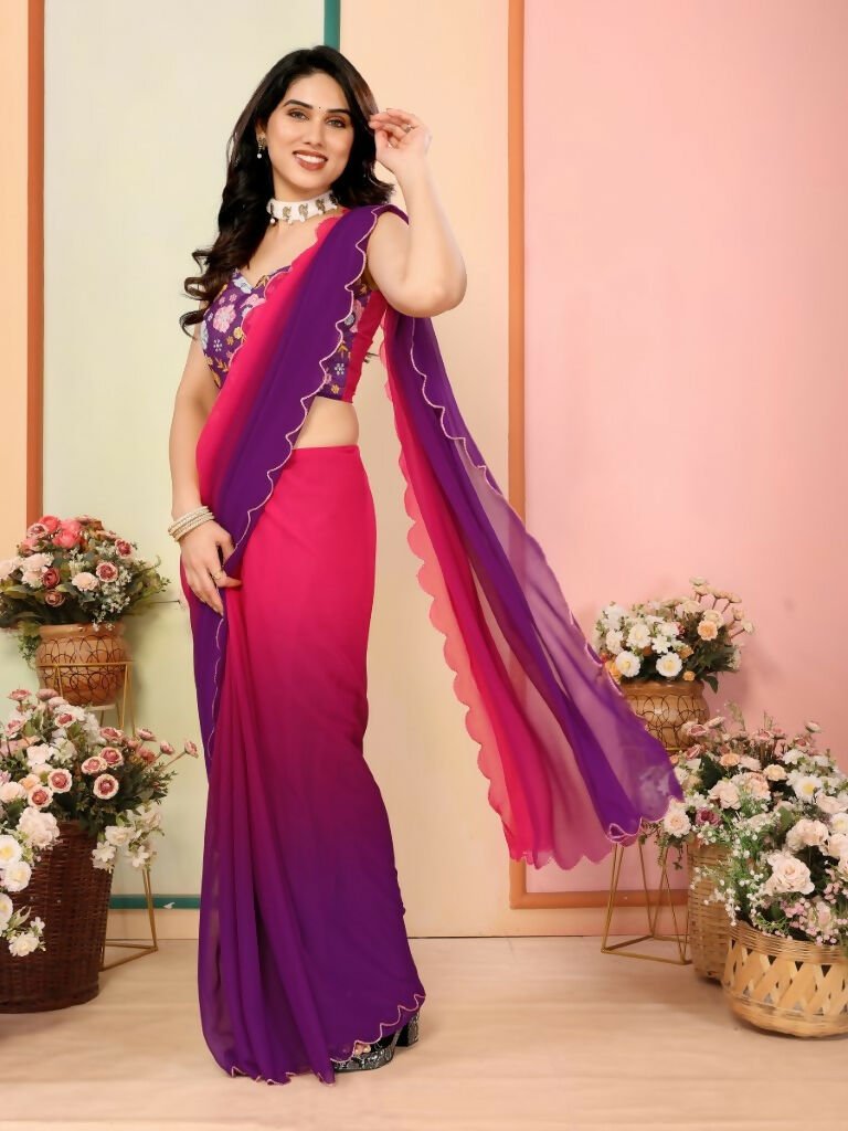 Aafreen Partywear Designer Dark pink & Purple Georgette Fancy Saree | Grocsy