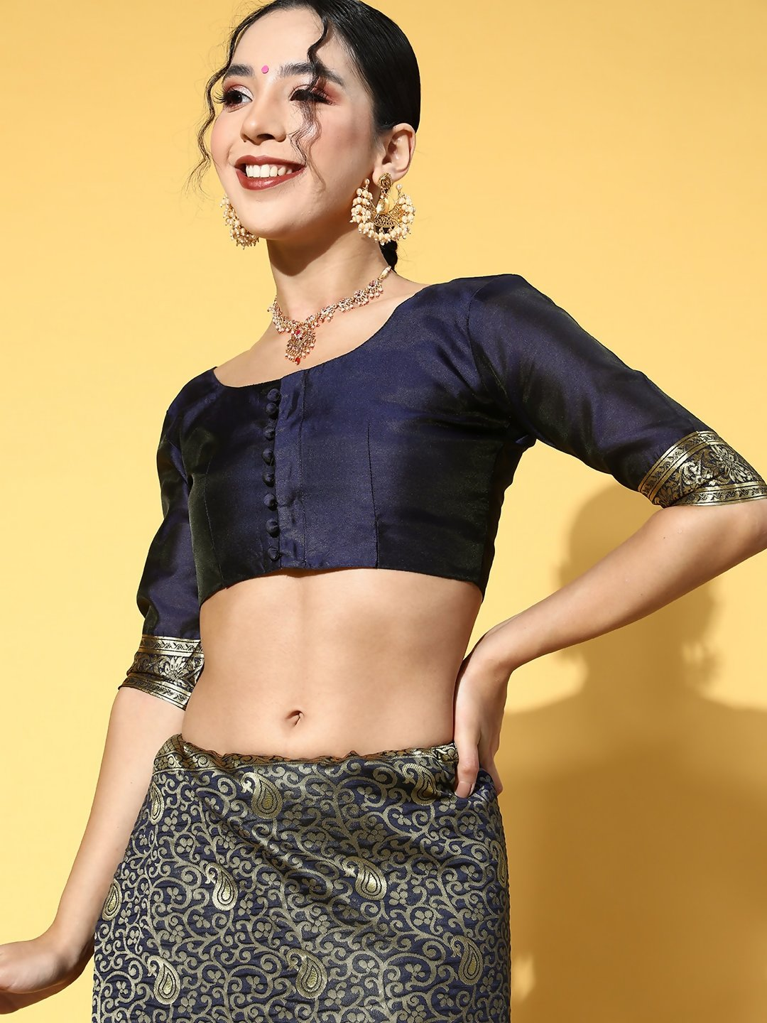 Saree Mall Navy Blue & Gold-Toned Ethnic Motifs Zari Silk Blend Banarasi Sarees | Grocsy