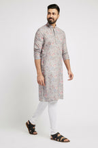 Ethnic India Grey Men's Kurta Floral Polyester | Grocsy