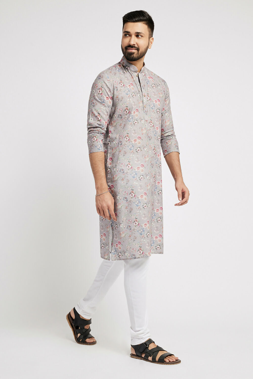 Ethnic India Grey Men's Kurta Floral Polyester | Grocsy