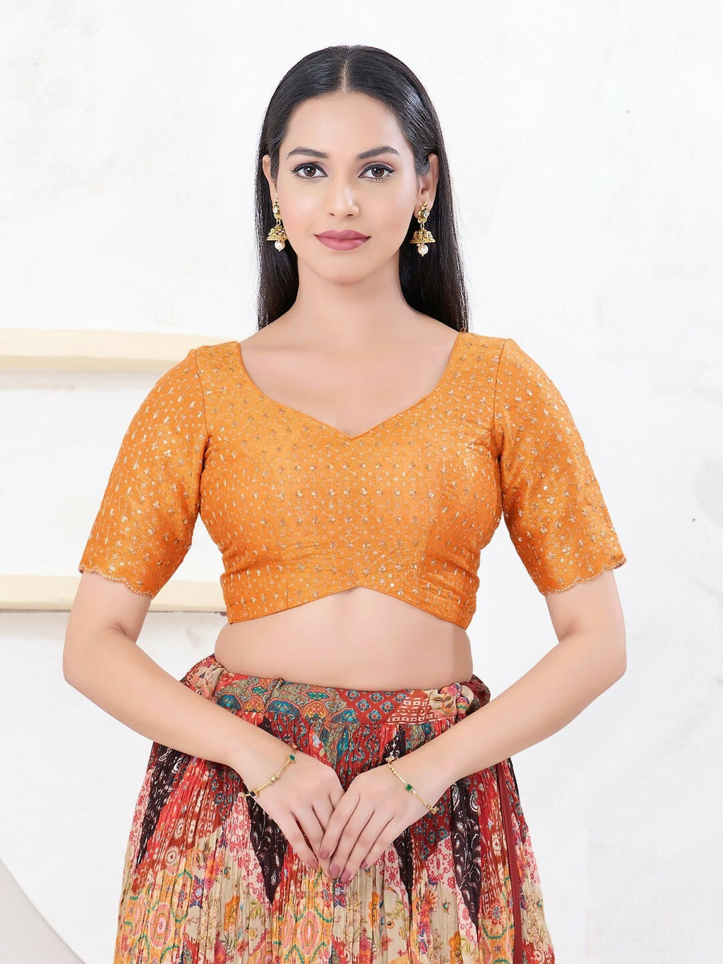 Joban Fashion Orange Tissue Elbow Sleeveless Back Open Blouse | Grocsy