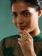 Gold-Polished White Kundan-Studded Adjustable Finger Ring - Ruby Raang | Grocsy